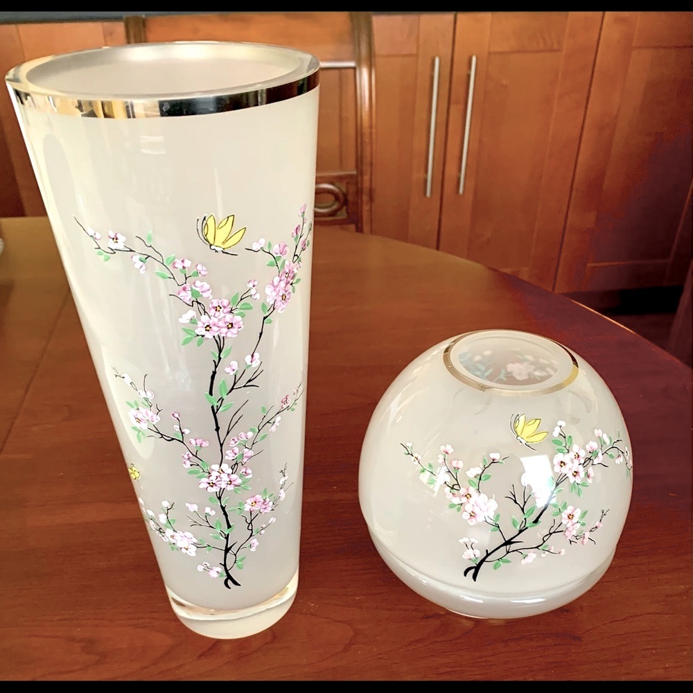Milky White Sanded Art Glass Vase & Candle Bowl Set Handpainted Cherry Blossom